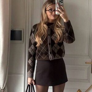 Brown Argyle Cardigan Sweater